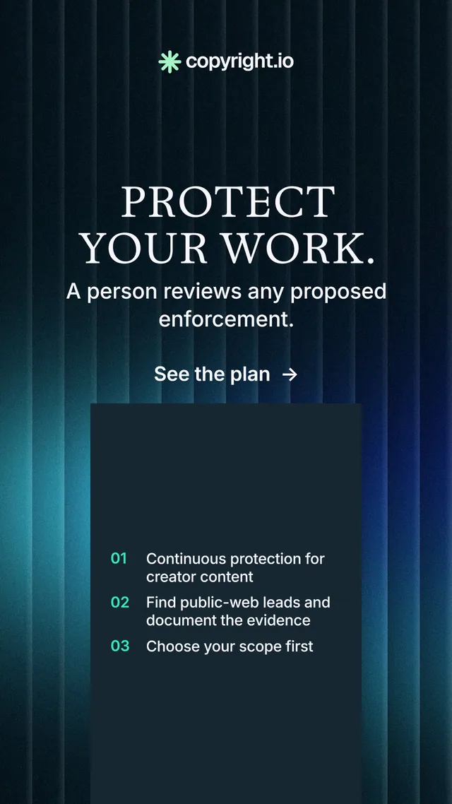 Instagram story for copyright.io: "Protect your work." Minimal luxury style, skeleton layout, dark palette in blue, black.