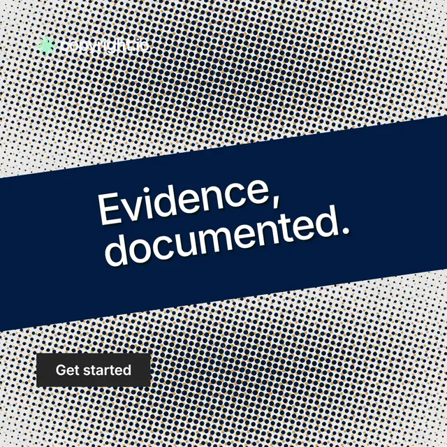 Instagram post for copyright.io: "Evidence, documented." Retro print style, diagonal layout, light palette in grey, blue.