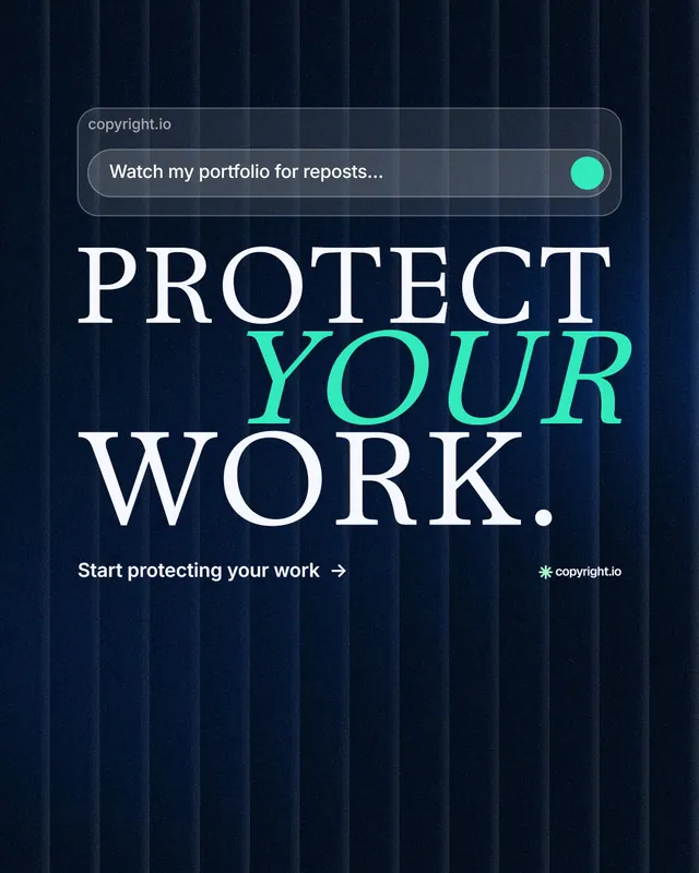 Instagram portrait post for copyright.io: "Protect your work." Minimal luxury style, stacked layout, dark palette in black, blue, grey.