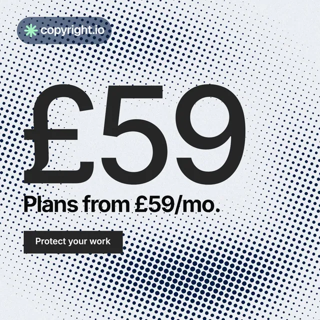 Instagram post for copyright.io: "See the plan first." Swiss style, stat layout, light palette in grey, white, blue.