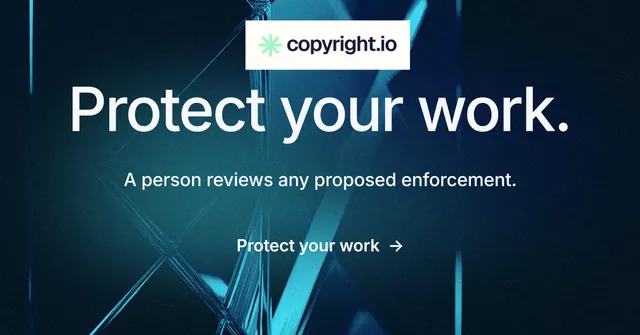 Social ad for copyright.io: "Protect your work." Minimal luxury style, centred layout, dark palette in blue, black.
