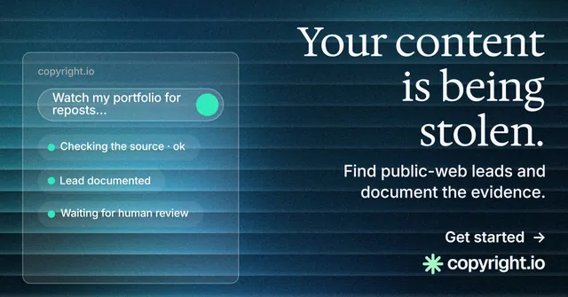 Social ad for copyright.io: "Your content is being stolen." Minimal luxury style, right layout, dark palette in blue, black.