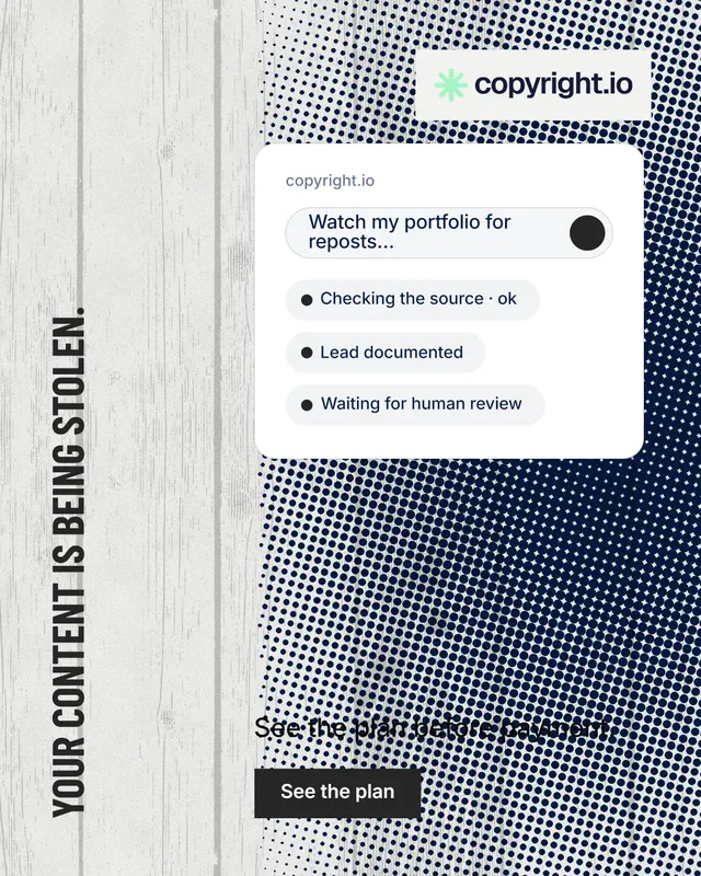 Instagram portrait post for copyright.io: "Your content is being stolen." Retro print style, vertical layout, light palette in white, grey.
