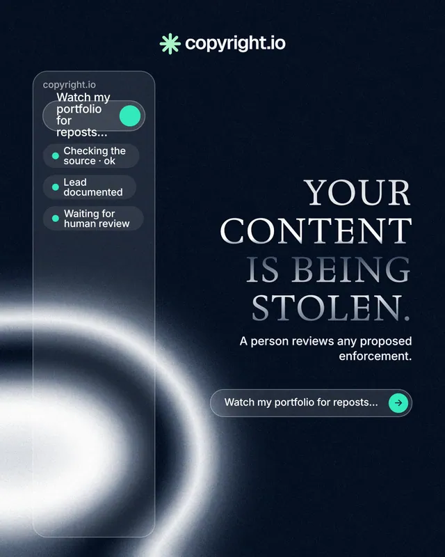 Instagram portrait post for copyright.io: "Your content is being stolen." Agentic glass style, right layout, dark palette in black, blue, grey.