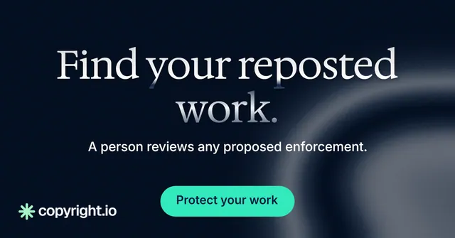 Social ad for copyright.io: "Find your reposted work." Y2K style, centred layout, dark palette in black, grey, blue.