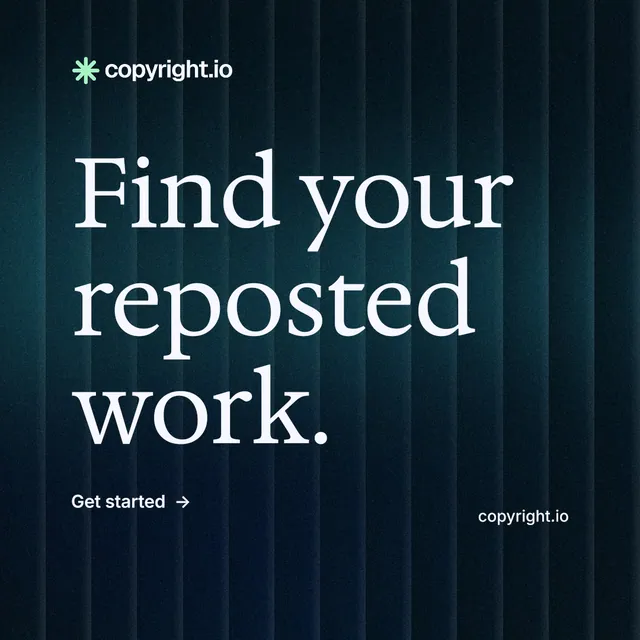 Instagram post for copyright.io: "Find your reposted work." Minimal luxury style, poster layout, dark palette in black, blue, grey.