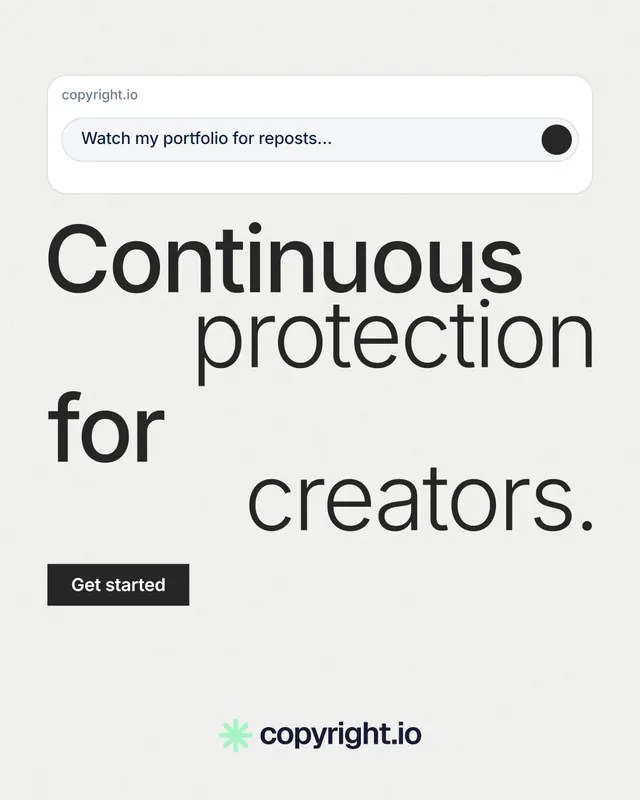 Instagram portrait post for copyright.io: "Continuous protection for creators." Swiss style, stacked layout, light palette in white, grey.