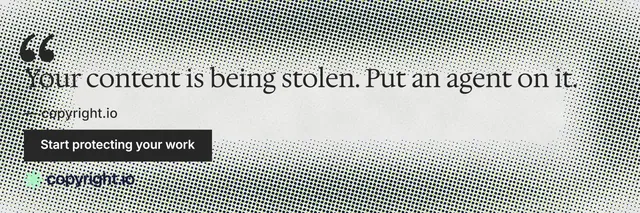 X header for copyright.io: "Put an agent on it." Swiss style, quote layout, light palette in grey, white.
