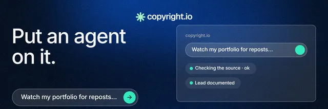 X header for copyright.io: "Put an agent on it." Agentic glass style, bottom layout, dark palette in black, blue.