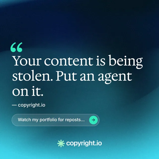 Instagram post for copyright.io: "Evidence, documented." Agentic glass style, quote layout, dark palette in teal, black, blue.