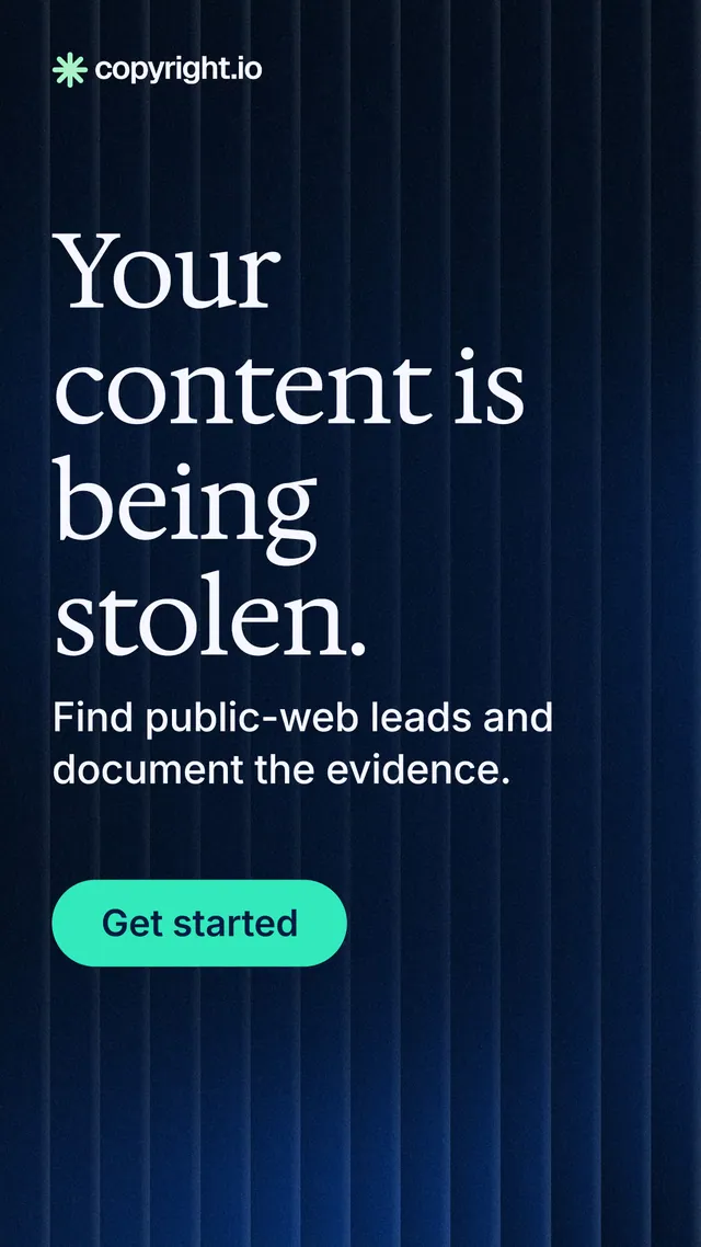 Instagram story for copyright.io: "Your content is being stolen." Agentic glass style, skeleton layout, dark palette in black, blue, teal.