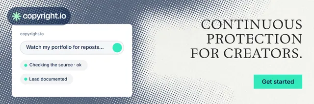 X header for copyright.io: "Continuous protection for creators." Split block style, right layout, light palette in white, grey.
