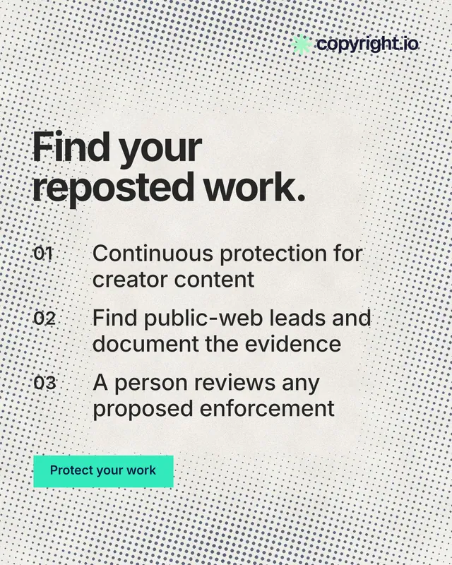 Instagram portrait post for copyright.io: "Find your reposted work." Swiss style, numbered layout, light palette in white, grey, yellow.