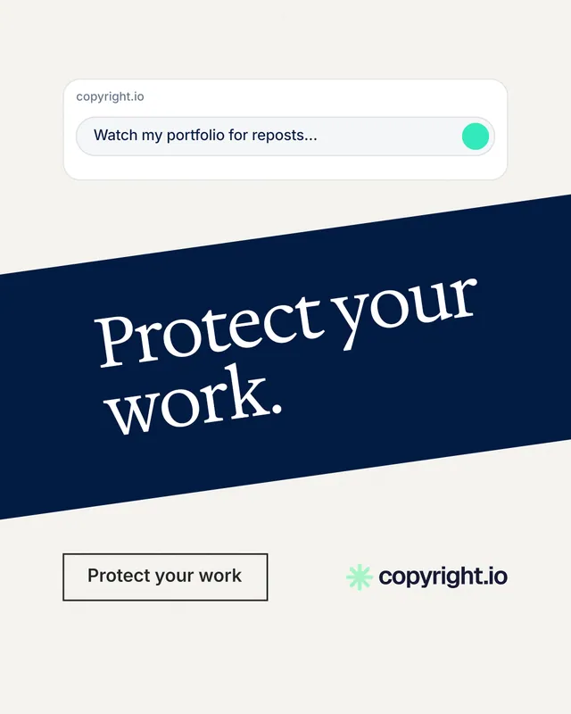 Instagram portrait post for copyright.io: "Protect your work." Editorial style, diagonal layout, light palette in white, blue.