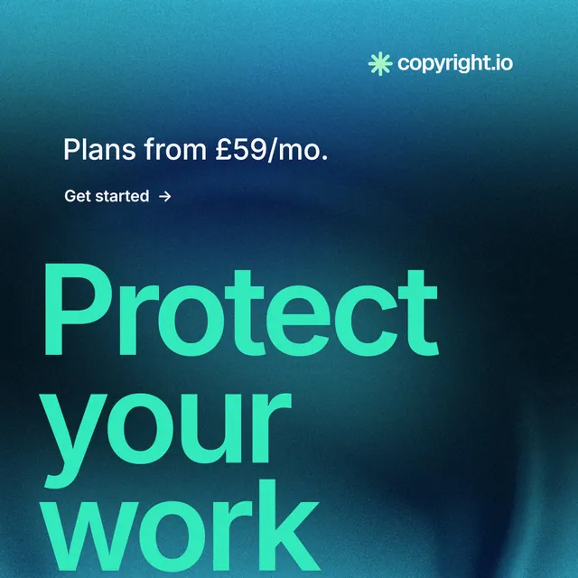 Instagram post for copyright.io: "Reposts don't remove themselves." Minimal luxury style, oversized layout, dark palette in teal, blue, black.