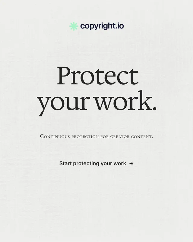 Instagram portrait post for copyright.io: "Protect your work." Minimal luxury style, smallcaps layout, light palette in white, grey.