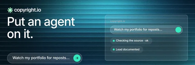 X header for copyright.io: "Put an agent on it." Agentic glass style, bottom layout, dark palette in blue, black, teal.