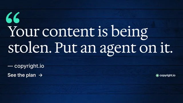 Landscape graphic for copyright.io: "Continuous protection for creators." Minimal luxury style, quote layout, dark palette in blue, black.