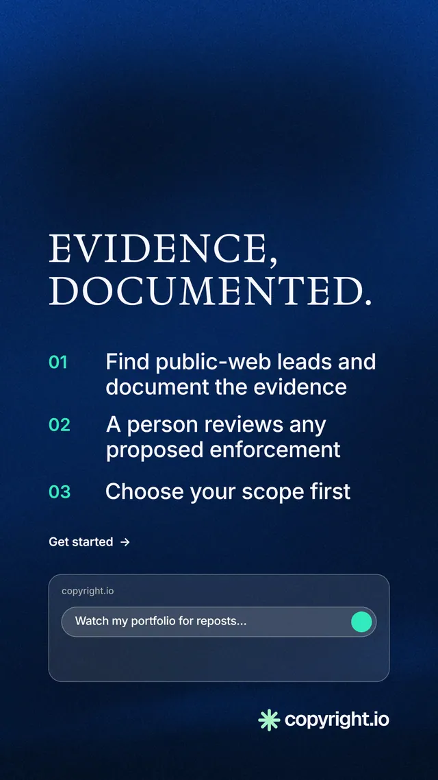 Instagram story for copyright.io: "Evidence, documented." Minimal luxury style, numbered layout, dark palette in black, blue.