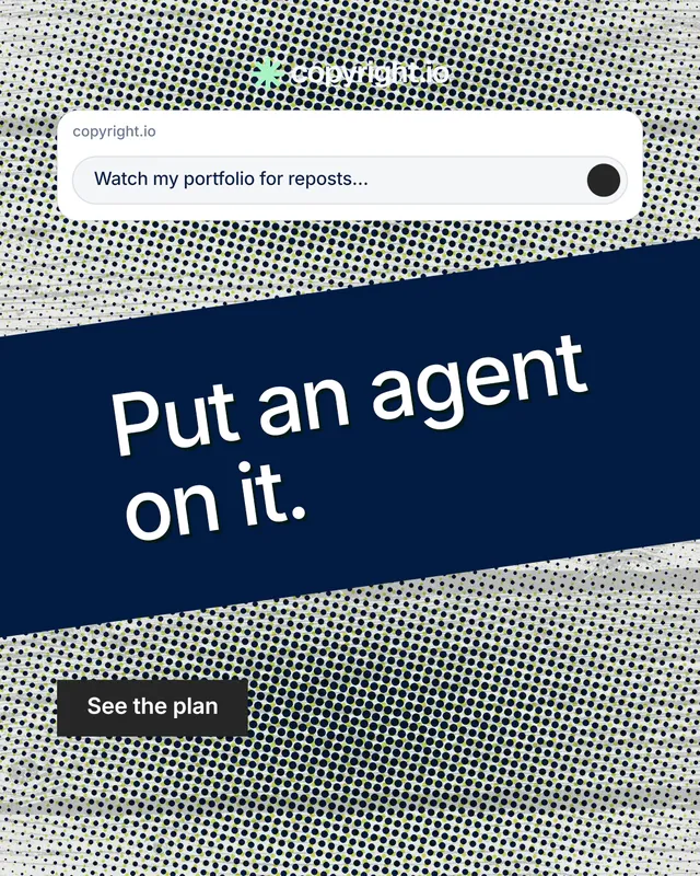 Instagram portrait post for copyright.io: "Put an agent on it." Retro print style, diagonal layout, light palette in grey, blue, white.