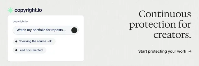 X header for copyright.io: "Continuous protection for creators." Minimal luxury style, right layout, light palette in white.