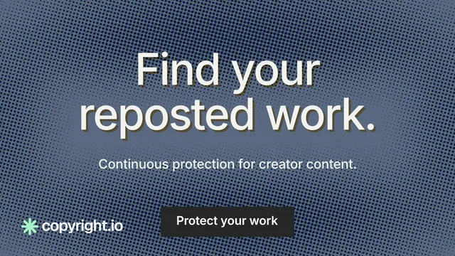Landscape graphic for copyright.io: "Find your reposted work." Retro print style, centred layout, dark palette in blue, grey.