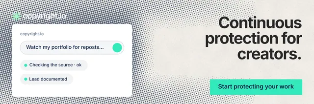 X header for copyright.io: "Continuous protection for creators." Swiss style, right layout, light palette in white, grey, green.