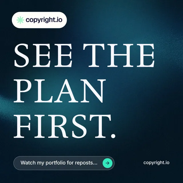 Instagram post for copyright.io: "See the plan first." Agentic glass style, poster layout, dark palette in blue, black, grey.