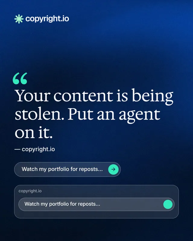 Instagram portrait post for copyright.io: "Find your reposted work." Agentic glass style, quote layout, dark palette in blue, black.