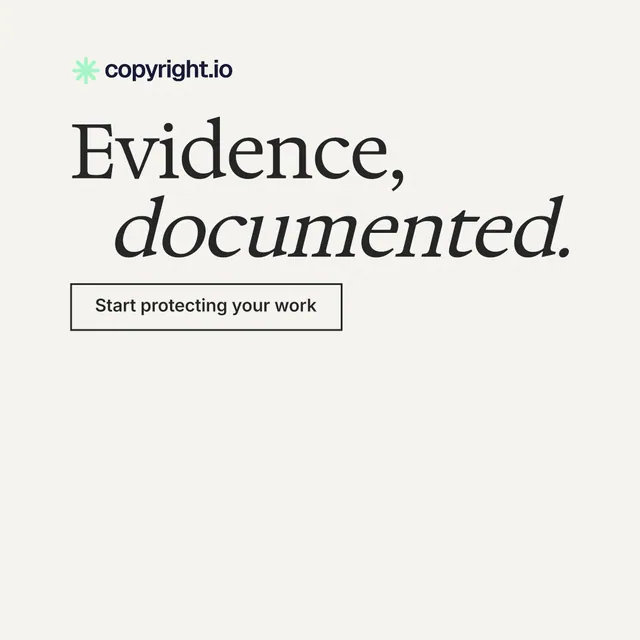 Instagram post for copyright.io: "Evidence, documented." Editorial style, stacked layout, light palette in white, grey.