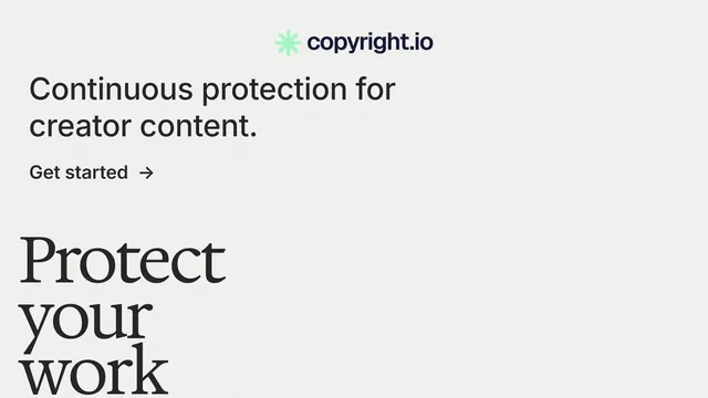 Landscape graphic for copyright.io: "See the plan first." Minimal luxury style, oversized layout, light palette in white, grey.