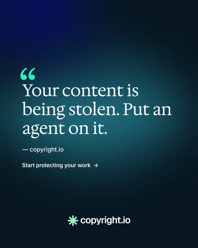 Instagram portrait post for copyright.io: "Find your reposted work." Minimal luxury style, quote layout, dark palette in black, blue, teal.