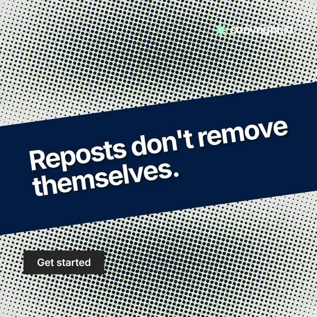 Instagram post for copyright.io: "Reposts don't remove themselves." Swiss style, diagonal layout, light palette in blue, grey.