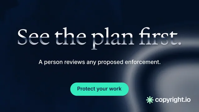 Landscape graphic for copyright.io: "See the plan first." Y2K style, centred layout, dark palette in black, grey, blue.