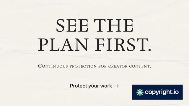 Landscape graphic for copyright.io: "See the plan first." Editorial style, smallcaps layout, light palette in white, grey.
