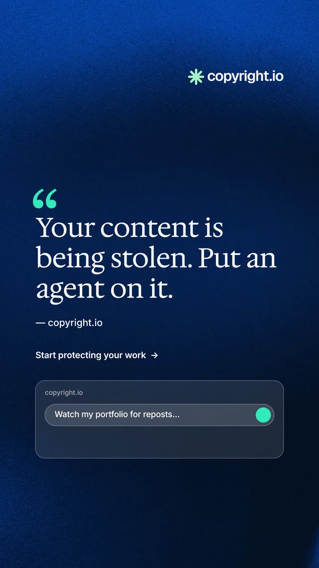 Instagram story for copyright.io: "Find your reposted work." Minimal luxury style, quote layout, dark palette in blue, black.