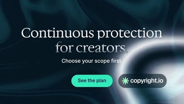 Landscape graphic for copyright.io: "Continuous protection for creators." Y2K style, centred layout, dark palette in blue, grey, black.