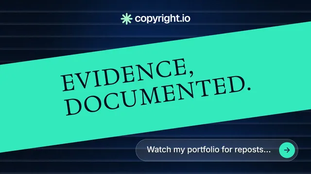 Landscape graphic for copyright.io: "Evidence, documented." Agentic glass style, diagonal layout, dark palette in teal, black, blue.