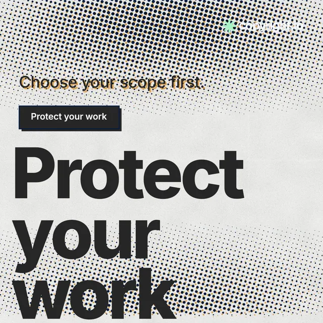 Instagram post for copyright.io: "Reposts don't remove themselves." Brutalist style, oversized layout, light palette in grey, white.