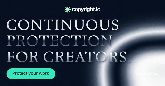 Social ad for copyright.io: "Continuous protection for creators." Y2K style, poster layout, dark palette in black, blue, grey.