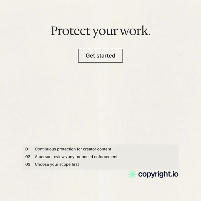 Instagram post for copyright.io: "Protect your work." Editorial style, skeleton layout, light palette in white.