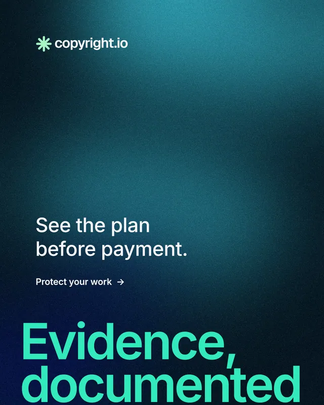 Instagram portrait post for copyright.io: "Your content is being stolen." Minimal luxury style, oversized layout, dark palette in black, teal, blue.