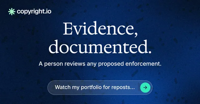 Social ad for copyright.io: "Evidence, documented." Agentic glass style, centred layout, dark palette in blue, black.