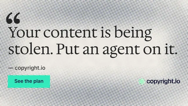 Landscape graphic for copyright.io: "Your content is being stolen." Swiss style, quote layout, light palette in grey, yellow, white.
