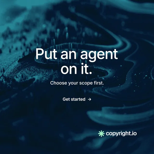 Instagram post for copyright.io: "Put an agent on it." Minimal luxury style, centred layout, dark palette in blue, black.
