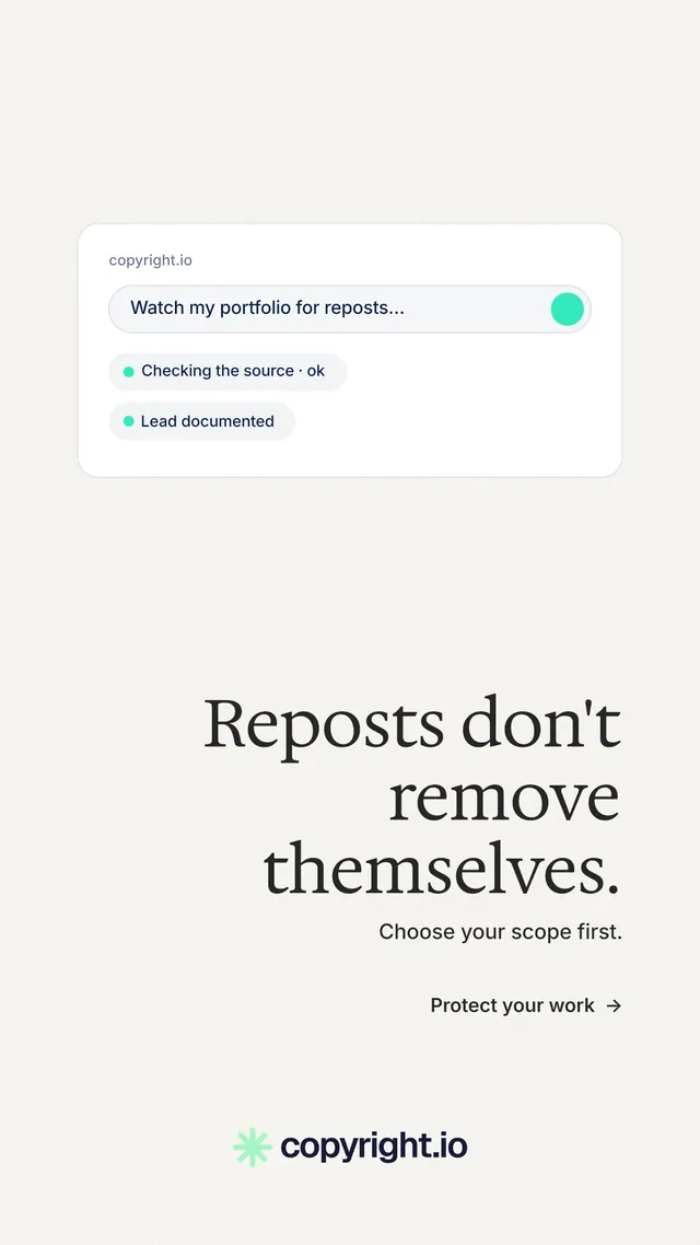 Instagram story for copyright.io: "Reposts don't remove themselves." Minimal luxury style, right layout, light palette in white.
