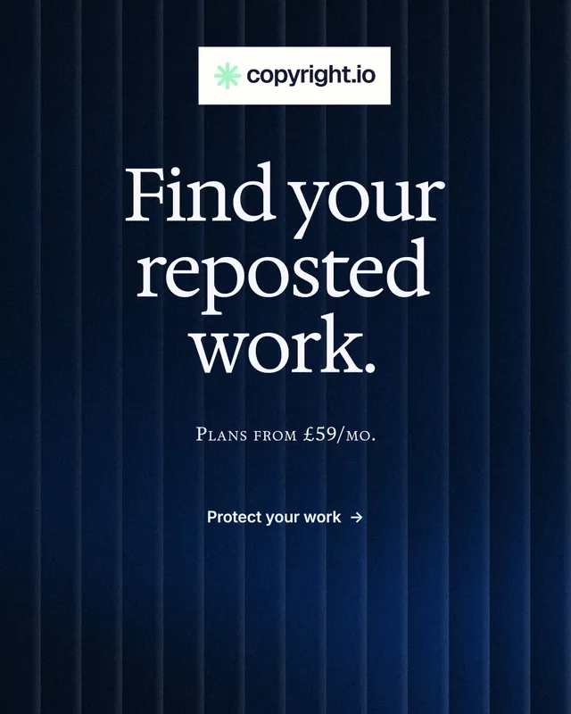 Instagram portrait post for copyright.io: "Find your reposted work." Minimal luxury style, smallcaps layout, dark palette in black, blue, grey.