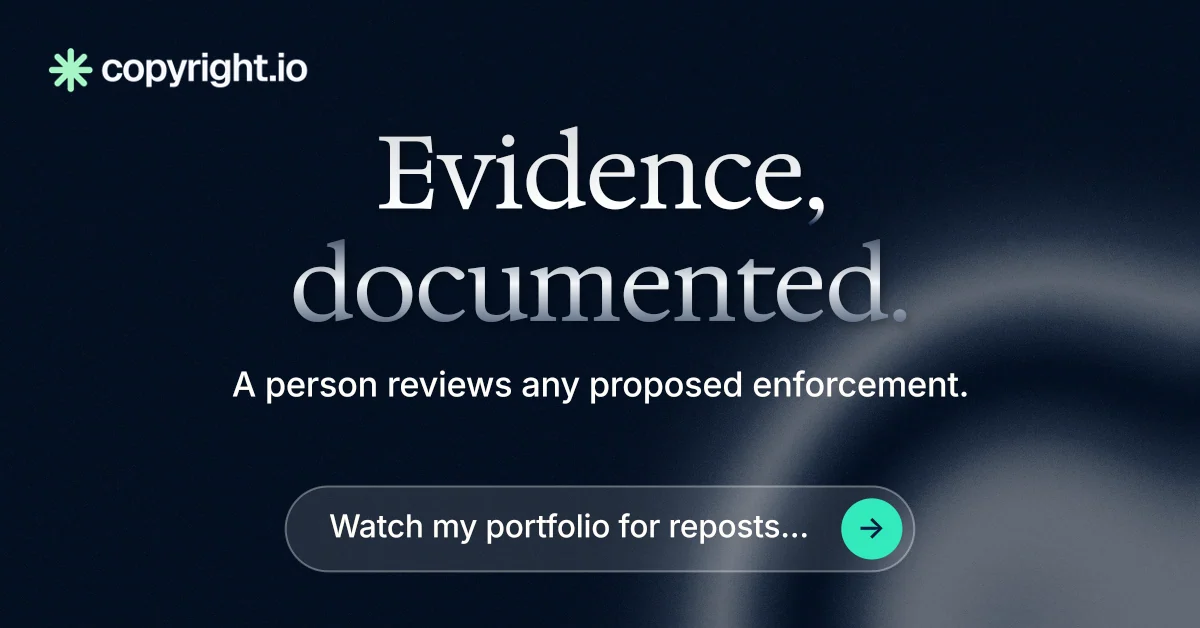 Social ad for copyright.io: "Evidence, documented." Agentic glass style, centred layout, dark palette in black, grey.