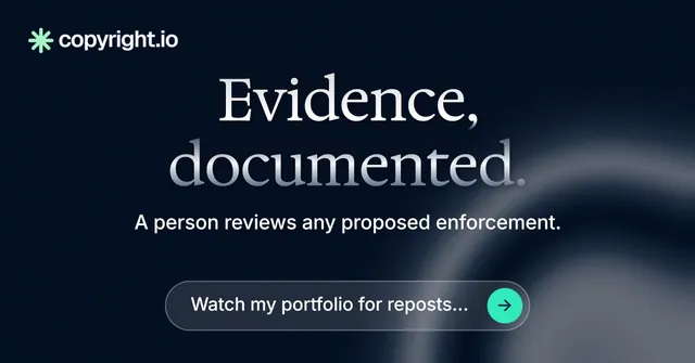 Social ad for copyright.io: "Evidence, documented." Agentic glass style, centred layout, dark palette in black, grey.