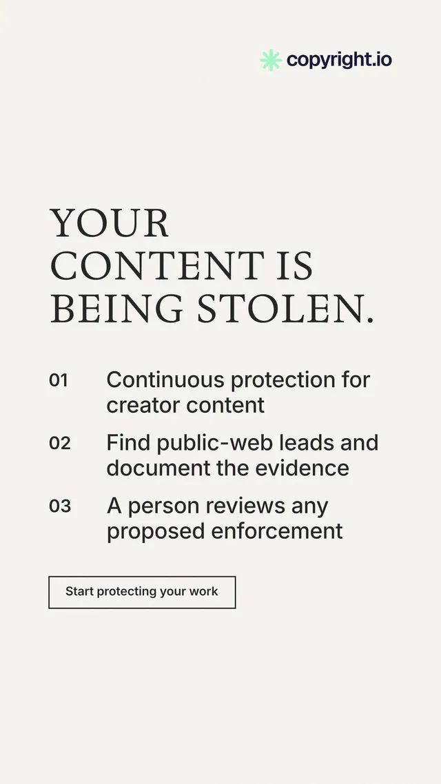 Instagram story for copyright.io: "Your content is being stolen." Editorial style, numbered layout, light palette in white.